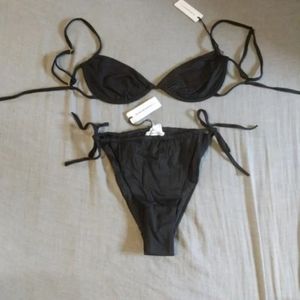 WeWoreWhat Ruched Underwire Bikini Top High Leg Tie Side Bottoms Black